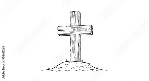 Simple Wooden Cross on a Small Mound, Religious Symbol, Black and White Sketch