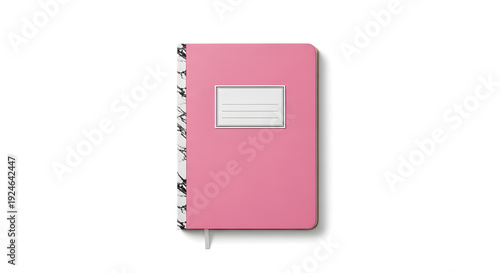 Front view of a pink composition notebook with marble spine and label space isolated on a white background