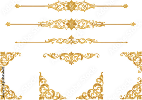 Elegant golden ornamental divider borders and corner flourishes vintage baroque filigree decorative vector set isolated on white