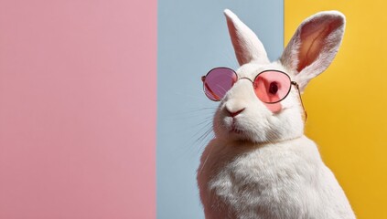 A stylish rabbit wearing pink sunglasses against a colorful pastel backdrop, exuding a playful and trendy vibe.