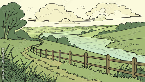 Riverside Countryside with Wooden Fence and Grass Fields Silhouette