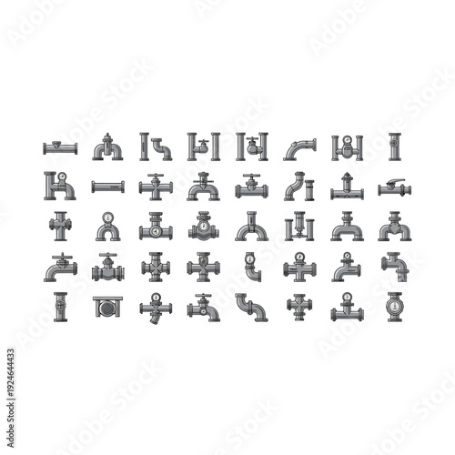 Comprehensive Line Art Pipe Fittings Collection: Plumbing Connection Icons
