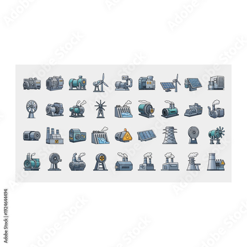 Industrial factory and power plant pixel art icon set