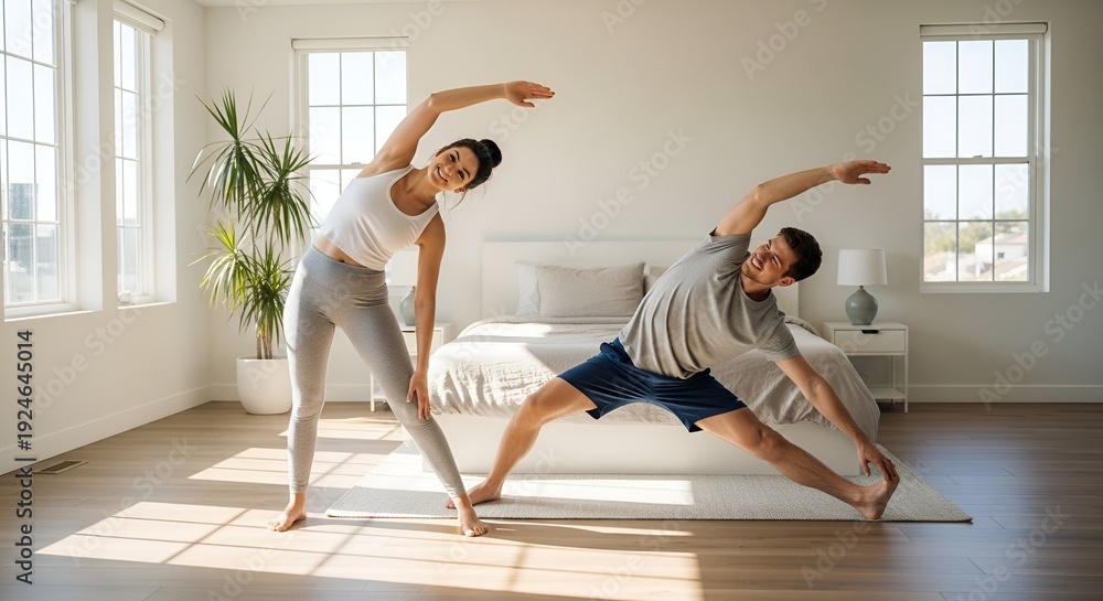 Obraz premium A fit couple practicing yoga together in a bright and modern bedroom with a large bed and windows