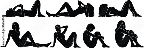 Diverse Collection of Female Silhouettes in Various Sitting and Reclining Poses Representing Relaxation Wellness Body Positivity and Modern Lifestyle Concepts