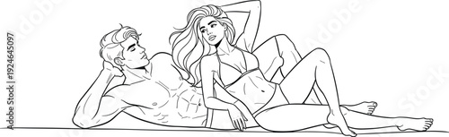 Hand Drawn Vector Illustration of a Sexy Young Couple in Swimwear Relaxing on the Beach for Summer Vacation Design Projects