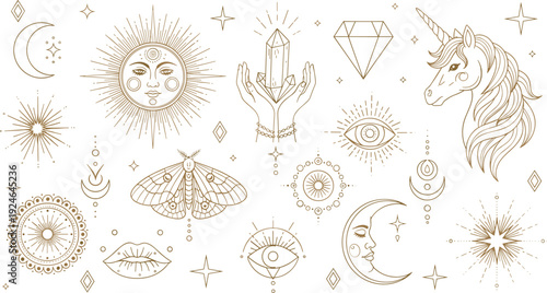 Magical Celestial Mystical Collection with Unicorn Sun Moon Stars Moth Crystal Hands and Sacred Geometry Elements for Esoteric Astrological Design