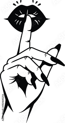 Minimalist Vector Illustration of Woman's Hand with Long Nails Holding Finger to Lips in Shh Silence Gesture for Mystery Concept