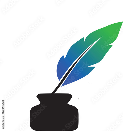 Feather quill pen and inkwell icon with gradient colors vector