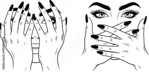 Minimalist Vector Line Art Illustration of Woman Covering Face and Mouth with Manicured Hands Expressing Fear Anxiety Secret or Surprise