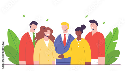 Diverse multinational business team standing together, with two members shaking hands, in a professional group illustration.