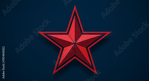 Red metallic star with a three dimensional effect isolated on a dark blue textured background