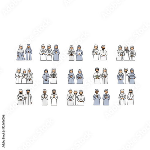 Traditional Arab People and Families Character Icon Set