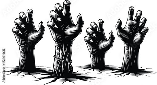Zombie hand silhouette illustration, undead horror artwork, Halloween vector design, resurrection graphic icon, black white eerie symbol