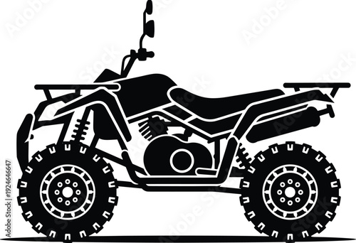 ATV silhouette illustration, all-terrain vehicle vector artwork, off-road transport design, recreational graphic icon, black white rugged machine symbol