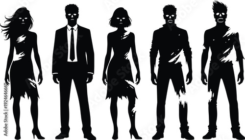 Zombie silhouette illustration set, undead character vector artwork, horror graphic design, Halloween monster icon, black white eerie symbol