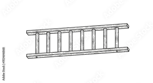 Simple wooden ladder with rungs, isolated on white background, drawing style
