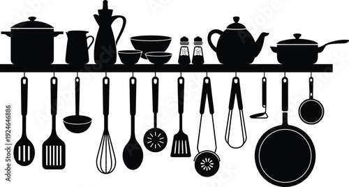 Kitchen shelf silhouette illustration, cooking utensils artwork, culinary equipment design, home cooking tools graphic, food preparation symbol, kitchenware organization art