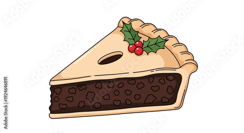 Slice of Christmas Mince Pie with Holly and Berries, Festive Dessert Illustration