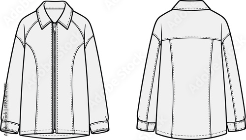Long-sleeved jacket fashion illustration, garment technical drawing, apparel front back view, clothing vector sketch, tailored silhouette design, outerwear artwork