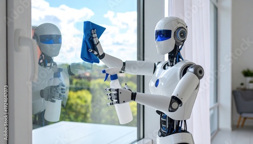 Modern humanoid robot cleaning a window with a spray bottle and cloth, demonstrating domestic automation and AI technology.