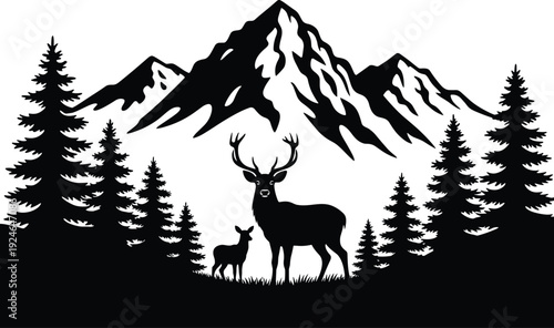 Mountain forest silhouette illustration, deer wildlife artwork, pine tree vector design, alpine landscape graphic, nature habitat symbol, black white scene