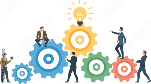 Teamwork collaboration illustration, business people with gears artwork, innovation concept design, organizational cooperation graphic, problem solving symbol, corporate success