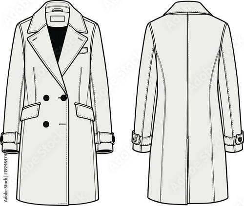 Trench coat fashion illustration, garment technical drawing, double-breasted design sketch, apparel front back view, clothing vector artwork, tailored silhouette