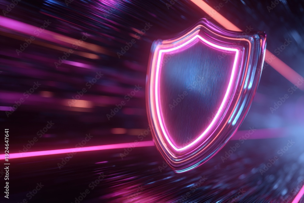 Fototapeta premium Cybersecurity Fortress: A glowing shield, illuminated with vibrant colors, stands as a symbol of digital protection and security against the fast-paced flow of a complex network.