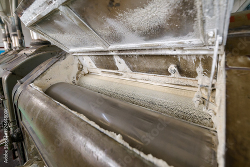 Flour milling process in a roller mill at a modern grain processing facility for high quality wheat flour production