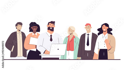 Diverse multinational business professionals standing together, one person uses a laptop, in a collaborative group setting.