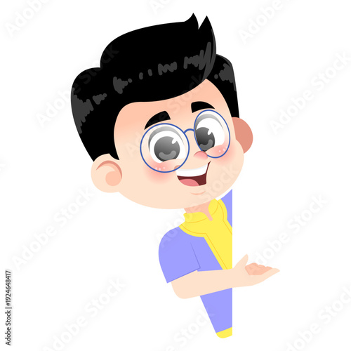 Happy Glasses Boy Peeking with Purple Clothes