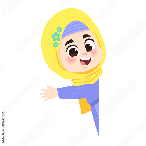 Happy Girl in Purple Clothes Peeking and Waving Hand