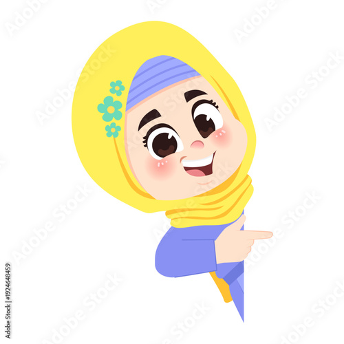 Happy Girl in Purple Clothes Peeking and Pointing