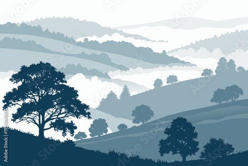 Misty Mountain Valley with Layered Hills on White Background