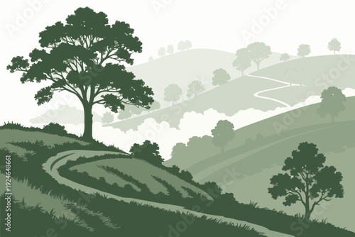 Misty Mountain Valley with Layered Hills on White Background