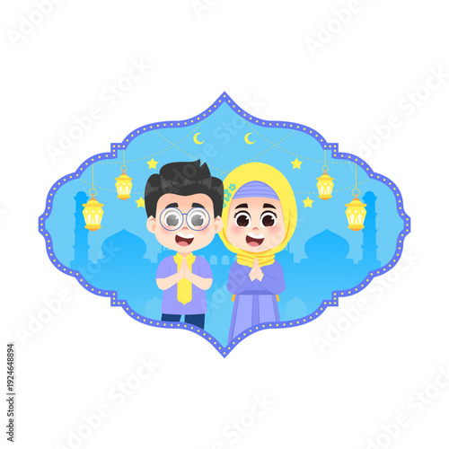 Joyful Muslim Children Welcoming in Purple Outfit