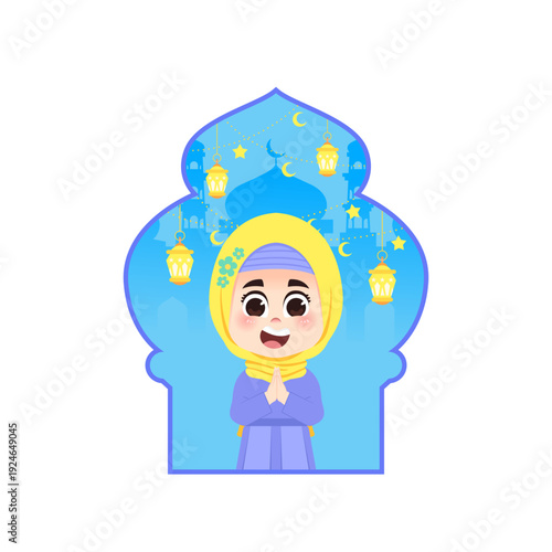 Sweet Muslim Girl Welcoming in Purple Outfit