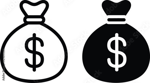 Minimal money bag illustrations in black and white, showing an outlined dollar-sign bag and a solid style bag for finance and business icons