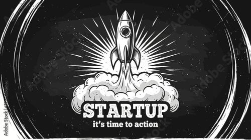 Retro Chalkboard Rocket Launch: Startup Business Growth, New Project Innovation, and Success Concept