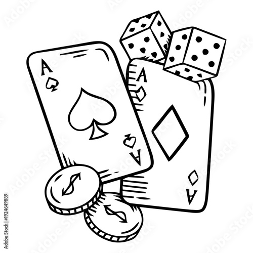 Pair Dices Chips Aces Poker Hand Tattoo Stencil Black and White