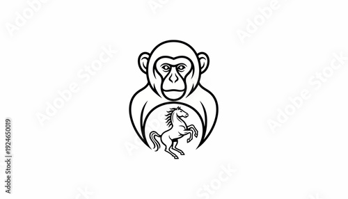 Monkey Holding Horse Logo, Animal Emblem, Primate and Equine Symbol