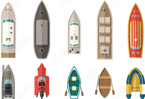Collection of Boat and Yacht Vector Icons in Top View Featuring Speedboats Sailboats Rowboats and Inflatable Dinghies for Nautical Map and Marine Design