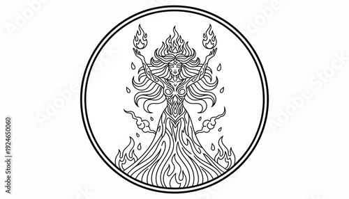 Mystical Fire Goddess Woman with Flames, Esoteric Symbol, Fantasy Art