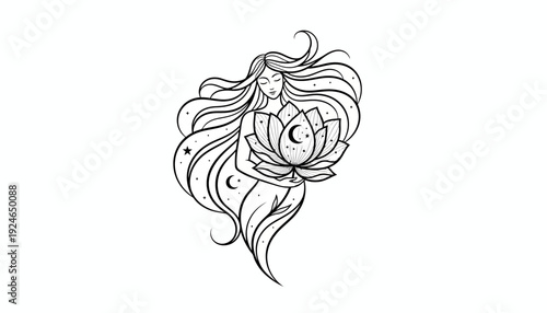 Mystical Woman Holding Lotus Flower with Crescent Moon and Stars - Esoteric Art
