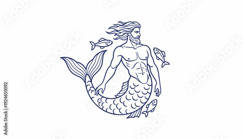 Mythical Merman with Fish, Nautical Folklore Illustration