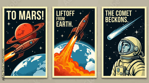 Retro Space Travel Posters Set: Vintage Sci-Fi Rocket Launch, Mars Exploration, Astronaut & Comet Art. Mid-Century Modern Cosmic Adventure.