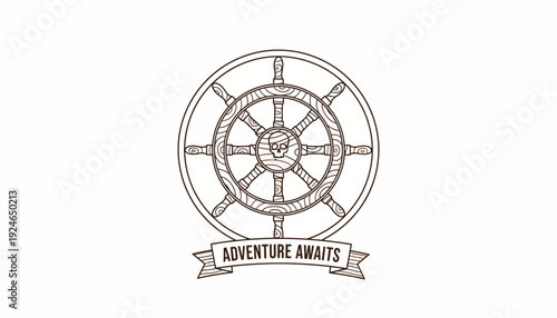 Nautical Ship Wheel Emblem with "Adventure Awaits" Banner, Vintage Marine Design