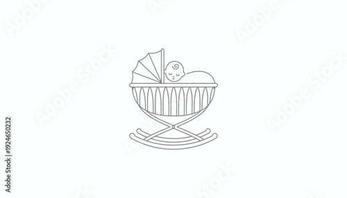 Newborn Baby Sleeping in a Vintage Bassinet Rocking Cradle, Minimalist Line Art Icon