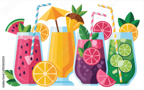 Assortment of Refreshing Fruit Cocktails with Garnishes and Straws